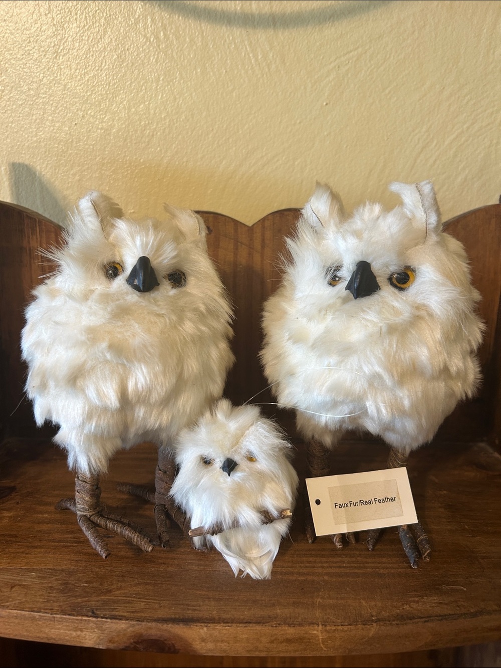 Fluffy family of 3 white faux-fur and real feather snowy owl w/textured details